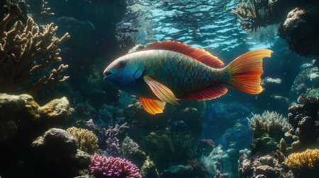 A vivid underwater scene showcases a colorful parrotfish swimming gracefully through a vibrant coral reef, capturing the beauty of marine life and ecosystems in tropical waters.の素材