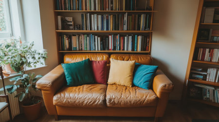 A serene living room scene featuring a leather sofa adorned with colorful pillows. Bookshelves in the background and a houseplant create a warm, inviting atmosphere.の素材