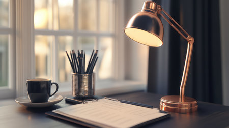 A warm and inviting desk scene showcasing a stylish lamp, neatly arranged notebooks, and a coffee cup, perfect for enhancing productivity in a cozy workspace.の素材