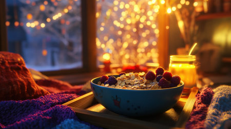 A delightful breakfast setup showcasing a bowl of oatmeal topped with fresh raspberries, beautifully arranged in a cozy indoor scene with warm candlelight.の素材