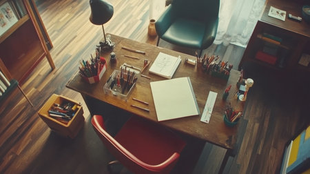 A cozy home office workspace showcasing a wooden desk filled with art supplies, notebooks, and a cheerful atmosphere to fuel creativity and productivity.の素材