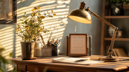 A beautiful workspace featuring a stylish desk lamp, a potted plant, and organized stationery under warm sunlight, creating a cozy and inspiring environment for creativity.の素材