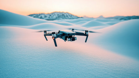 A stunning drone captures a breathtaking view of a snowy landscape at sunset, with gentle slopes and majestic mountains in the background. Ideal for winter imagery.の素材