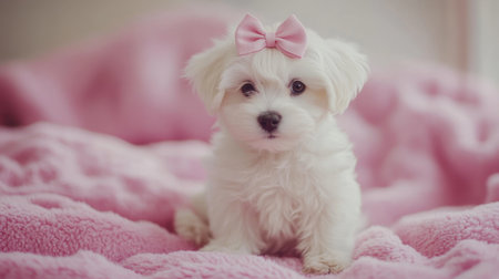 Adorable small puppy with fluffy white fur and pink bow sitting on a soft pink blanket. This cute pet radiates joy and charm in a cozy indoor atmosphere.の素材