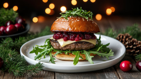 A vibrant and festive hamburger topped with cheese, arugula, and cranberry sauce, set on a rustic wooden table surrounded by holiday decorations.の素材