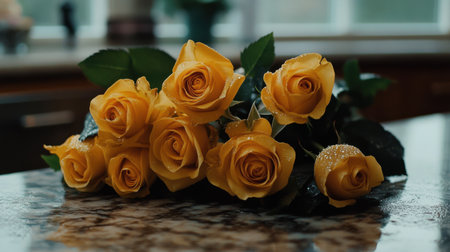 A stunning display of fresh yellow roses with vibrant petals and glistening raindrops, perfect for adding elegance to any floral setting or home interior.の素材