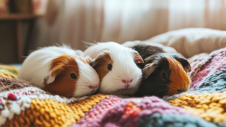 Three adorable guinea pigs rest closely together on a colorful knit blanket, showcasing their plush fur and charming expressions in a warm indoor setting.の素材