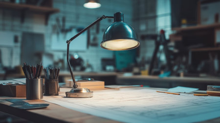 A serene workspace scene featuring a glowing desk lamp over blueprints with surrounding tools and objects, perfect for inspiring creativity and productivity in any designerの素材