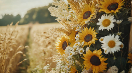 A stunning arrangement of sunflowers and daisies stands amidst a golden wheat field, illuminated by soft afternoon light, capturing the essence of summerの素材