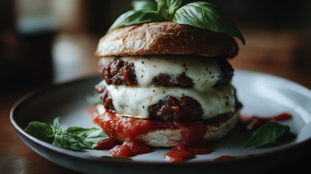 Experience the mouthwatering delight of a gourmet burger topped with melted cheese and fresh basil, served with rich tomato sauce on a rustic plate. Enjoy every bite!の素材