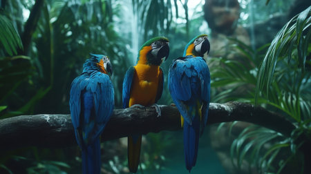 Three beautiful macaws with vibrant blue and yellow feathers sit on a branch, surrounded by lush greenery in a misty jungle environment, capturing nature's vivid beauty.の素材
