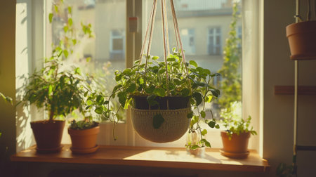 Bright and inviting indoor scene showcasing lush greenery in decorative pots, featuring a hanging planter bathed in warm sunlight, perfect for home inspiration.の素材