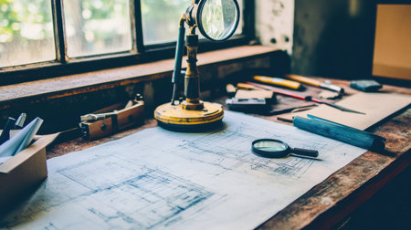 A cozy vintage workspace featuring blueprints, a magnifying glass, and various tools on a wooden table, illuminated by soft natural light streaming through a window.の素材