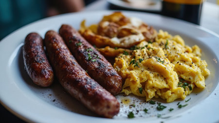 Enjoy a hearty breakfast featuring juicy sausages, fluffy scrambled eggs, and crispy fried potatoes, served on a classic white plate for a satisfying start to the day.の素材