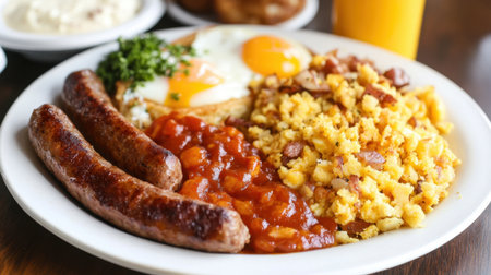 A mouthwatering breakfast plate showcases savory sausages, sunny-side-up eggs, baked beans, and seasoned cornbread, accompanied by refreshing orange juice.の素材