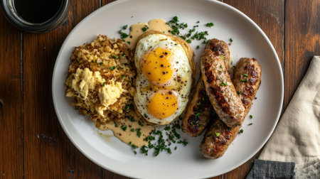 A beautifully arranged breakfast plate showcasing sunny-side up eggs, savory sausages, and crispy hash browns drizzled with rich gravy, perfect for morning indulgence.の素材
