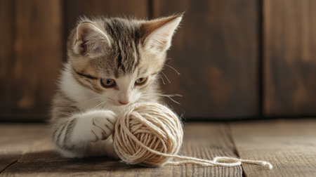 A charming kitten explores a soft yarn ball on a rustic wooden floor, capturing the playful spirit and innocence of young animals in a warm, inviting environment.の素材