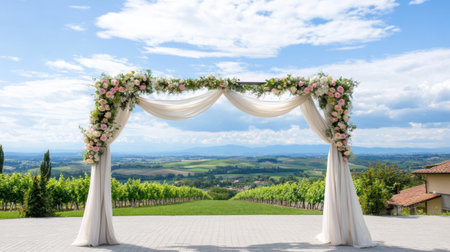 A stunning wedding arch adorned with vibrant flowers presents a breathtaking view of lush vineyards and a vast sky, perfect for a romantic outdoor ceremony.の素材