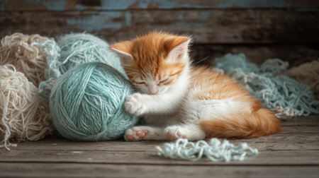 A charming orange and white kitten interacts with soft yarn balls, showcasing its playful nature against a rustic wooden background, evoking warmth and coziness.の素材