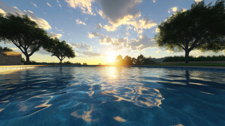 Experience the beauty of a tranquil pool reflecting a stunning sunset, surrounded by lush trees and a vibrant sky. Ideal for nature and relaxation themes.の素材
