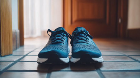 A pair of stylish blue athletic shoes sits on a tiled floor by the entrance, capturing the essence of fitness and readiness for an active lifestyle.の素材
