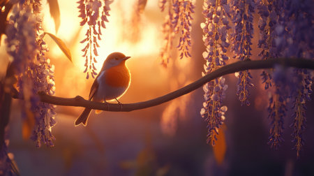A delightful scene features a charming bird perched on a branch, surrounded by beautiful wisteria blossoms in warm sunset tones. Ideal for nature lovers.の素材