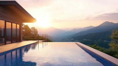 A stunning sunset illuminates a modern home with an infinity pool, offering breathtaking views of the mountains. Experience tranquility and elegant design in this serene setting.の素材