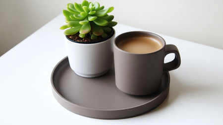 A stylish minimalist arrangement featuring a succulent plant and a coffee mug on a round tray, perfect for creating a cozy and modern home aesthetic.の素材