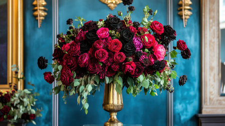 A stunning floral arrangement featuring dark red and black roses in a golden vase, set against a vibrant teal wall, adding elegance and charm to any space.の素材
