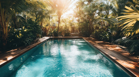 A serene tropical pool scene bathed in warm sunlight, surrounded by lush greenery and vibrant palm trees, creating a perfect outdoor oasis for relaxation and leisure.の素材