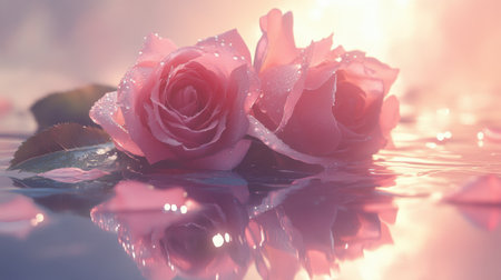 Two exquisite pink roses glisten with dew drops on a tranquil water surface, reflecting soft light. This enchanting scene captures the essence of natural beauty and romance.の素材
