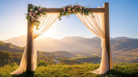 A stunning wedding arch adorned with delicate flowers and flowing fabric, set against a picturesque mountain backdrop during a golden sunset, ideal for romantic ceremonies.の素材