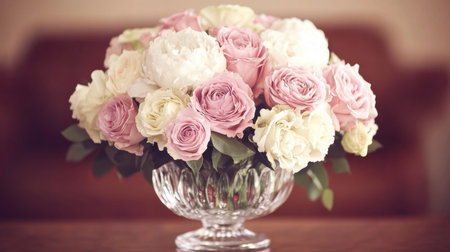 This stunning bouquet features a mix of pink and white roses along with delicate peonies, beautifully arranged in a crystal vase, perfect for home decor or special events.の素材