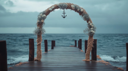 A beautifully designed wedding arch decorated with flowers and rope creates a romantic setting on a wooden pier facing a serene ocean under a moody sky.の素材