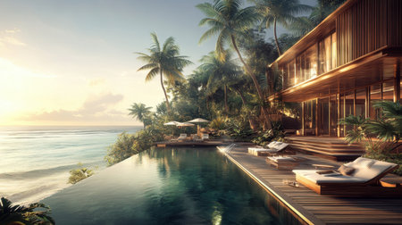 Discover a luxurious tropical villa featuring an infinity pool that seamlessly blends with the ocean, surrounded by lush palm trees, ideal for a serene getaway.の素材