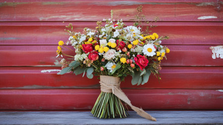 A vibrant floral bouquet featuring red roses, yellow flowers, and greenery, beautifully arranged against a rustic red wooden background, perfect for various occasions.の素材