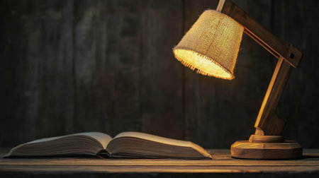 An inviting scene featuring an open book illuminated by a softly glowing lamp, perfect for creating a warm atmosphere for reading and reflection in a serene space.の素材