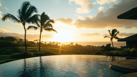 Experience a tranquil tropical sunset with an infinity pool framing the breathtaking ocean view, surrounded by palm trees and lush greenery for a perfect retreat.の素材