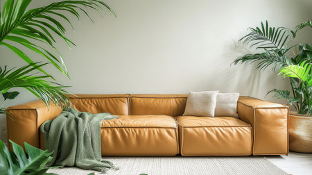 A beautifully designed living room featuring a cozy leather sofa adorned with pillows, surrounded by vibrant indoor plants, creating a serene and inviting atmosphere.の素材