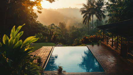 Immerse yourself in this stunning tropical landscape featuring a serene swimming pool at sunset, surrounded by lush greenery and peaceful nature.の素材