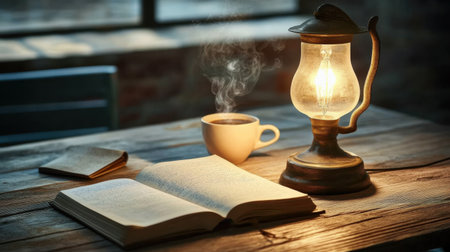 A warm and inviting scene featuring an open book next to a steaming coffee cup and a vintage lantern, creating a tranquil reading atmosphere on a rustic wooden table.の素材