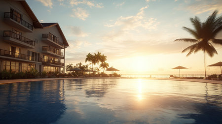A stunning view of a tranquil poolside at sunrise, featuring a tropical setting with palm trees and a luxurious hotel, ideal for relaxation and escape.の素材