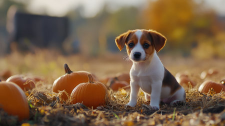 A charming young puppy sits among bright orange pumpkins in a sunny autumn field, capturing the essence of fall and the warmth of companionship with nature.の素材