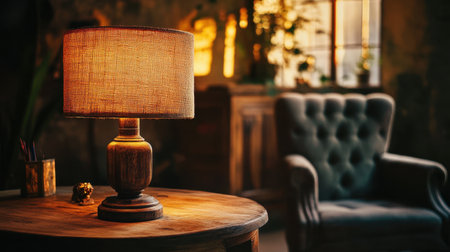 A charming indoor scene featuring a warm lamp on a wooden table beside a stylish armchair, creating a serene atmosphere bathed in soft evening sunlight.の素材
