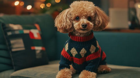 Charming small dog wearing a delightful sweater poses comfortably on a couch, surrounded by colorful pillows, creating a warm and festive home atmosphere.の素材