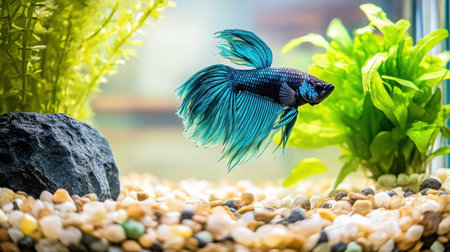 A beautiful betta fish glides through a vibrant aquarium, showcasing its stunning blue color amidst lush green plants and smooth pebbles, creating a serene atmosphere.の素材