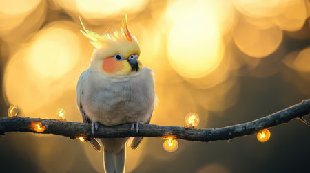 A charming cockatoo perches on a branch against a stunning golden sunset. The soft bokeh lights enhance the vibrant colors and create a serene ambiance in nature.の素材