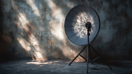 A captivating setup featuring vintage studio lighting equipment with a softbox, creating dramatic shadows across a textured wall, ideal for creative projects and photography.の素材