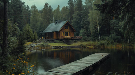 A picturesque wooden cottage surrounded by a lush forest and a tranquil lake. This serene setting offers a perfect retreat for relaxation and exploration in nature.の素材