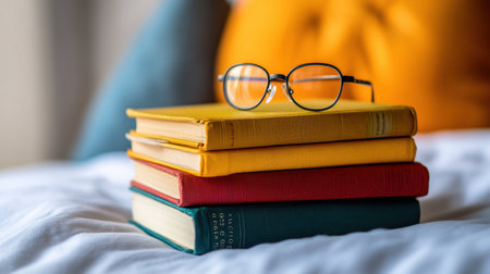 A vibrant stack of colorful books topped with eyeglasses, set against a cozy background. This scene invites relaxation and inspires a love for reading in a serene atmosphere.の素材
